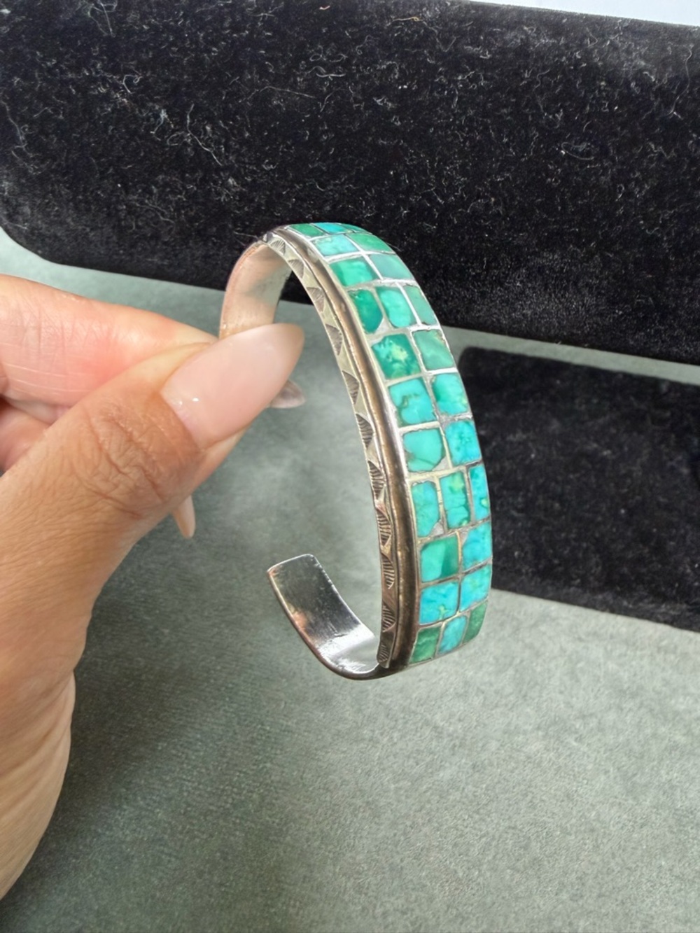 Turquoise Inlay Sterling Silver Bangle - Women's Jewelry - Picture 9 of 11